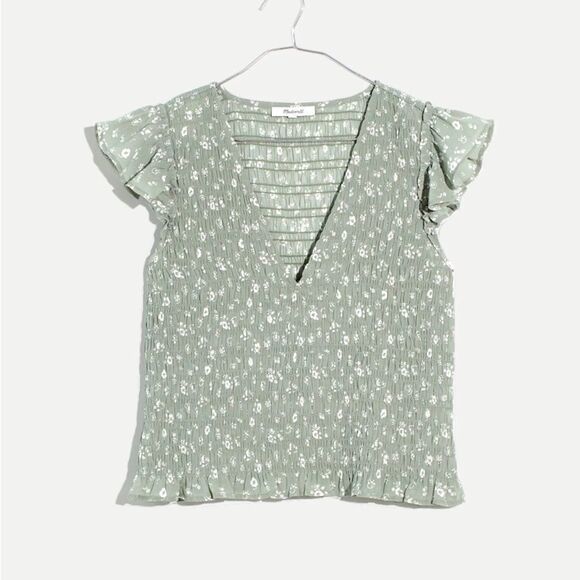 MADEWELL V-Neck Cottage Garden Smocked Lucie Top Green - 26W - Picture 1 of 16